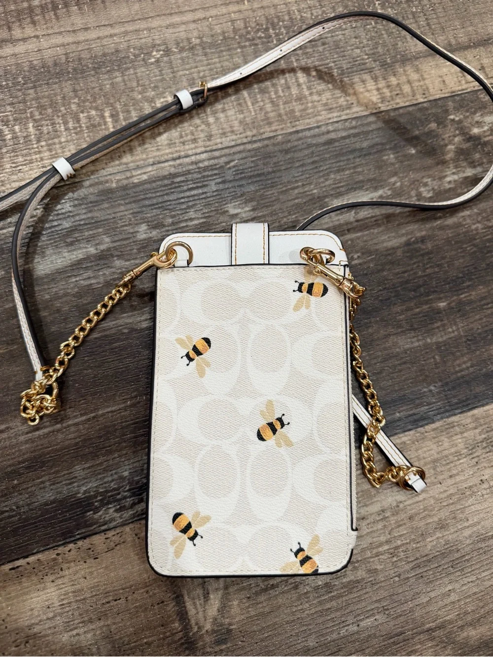 Coach Cream Bee-Print Crossbody Phone Wallet with Gold Chain